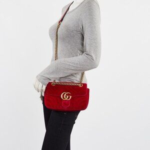 Gucci Red Velvet GG Marmont Mini Metelasse Shoulder Bag